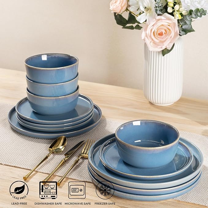 GBHOME Ceramic Dinnerware Sets for 4, 12 Pieces Stoneware Plates and Bowls Sets, Reactive Glaze Dishes -Scratch Resistant, Dishwasher&Microwave Safe-Alaskan Blue-HomvellaHome