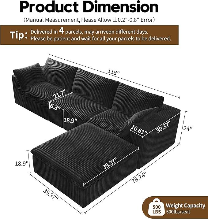 118" L Shaped Modern Sofa Modular Sectional Cloud Couch with Ottoman,Deep Seat Upholstered Couches with Plush Corduroy Fabric for Living Room Furniture,Bedroom and Apartment,No Assembly Required,Black-HomvellaHome