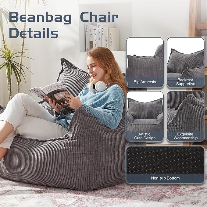 Giant Bean Bag Chair Sofa for Adults Teens, Comfy Corduroy Large Bean Bag Chairs with Armrests for Bedroom Living Room, Adult BeanBag Lazy Sofa Couch Chairs with Filler Included-HomvellaHome