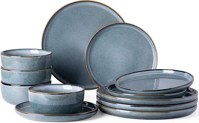 GBHOME Ceramic Dinnerware Sets for 4, 12 Pieces Stoneware Plates and Bowls Sets, Reactive Glaze Dishes -Scratch Resistant, Dishwasher&Microwave Safe, Space Blue-HomvellaHome