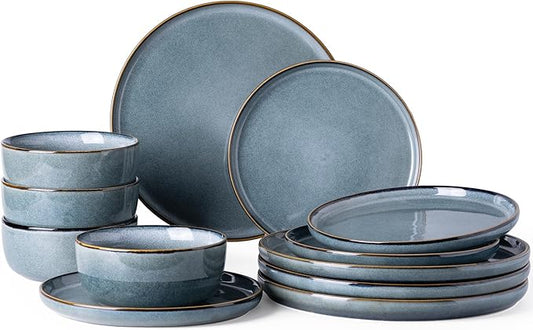 GBHOME Ceramic Dinnerware Sets for 4, 12 Pieces Stoneware Plates and Bowls Sets, Reactive Glaze Dishes -Scratch Resistant, Dishwasher&Microwave Safe, Space Blue-HomvellaHome