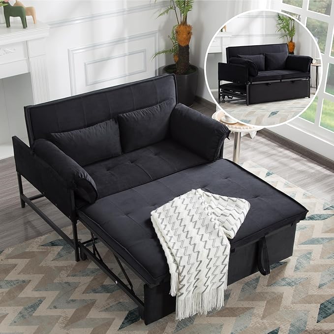 Pull Out Sofa Bed, 46” Futon Couch with Convertible Sleeper, Velvet Pull Out Couch with Adjustable Backrest, Small Sofa Bed with 2 Pillows for Living Room Office Guest Room, Black-HomvellaHome