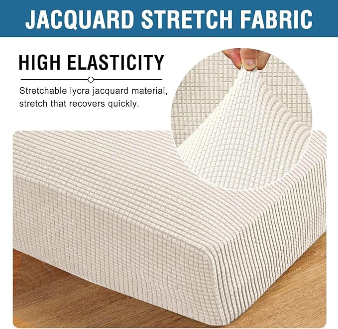 H.VERSAILTEX Super Stretch Individual Seat Cushion Covers - Sofa Couch Cushion Slipcover Sets - Thick Jacquard Textured Twill Fabric - Large (2 Piece, Ivory)-HomvellaHome