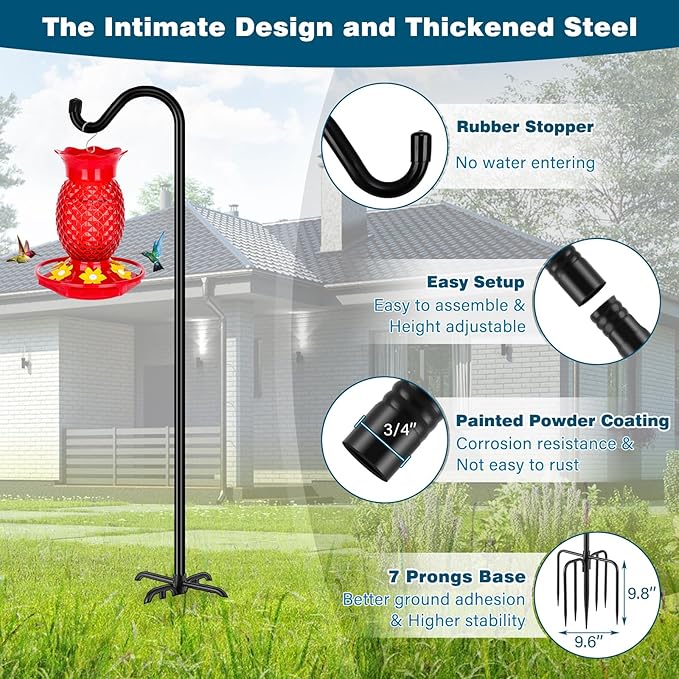 Gtongoko Adjustable Shepherds Hooks for Outdoor 76 Inch Bird Feeder Pole with 7 Prongs Base, 3/4 Inch Thick Heavy Duty for Hanging Bird Feeder, Plant Baskets,1 Pack-HomvellaHome