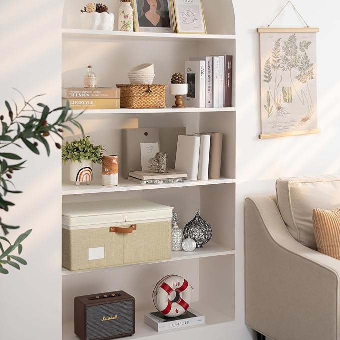 GRANNY SAYS Decorative Storage Boxes with Lid, Large Storage Bins with Double-Open Lid and Divider, Fabric Storage Bin for Clothes, 63L Closet Linen Storage Bin, White/Khaki-HomvellaHome