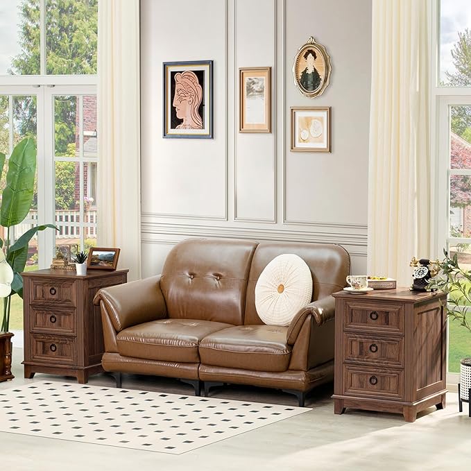 18" Farmhouse Night Stand with 3 Drawers, Wood End Table Dresser for Bedroom, Retro Nightstand, Bed Side Table with Metal Handle, Bedside Cabinet for Bedroom Living Room, Closet-HomvellaHome