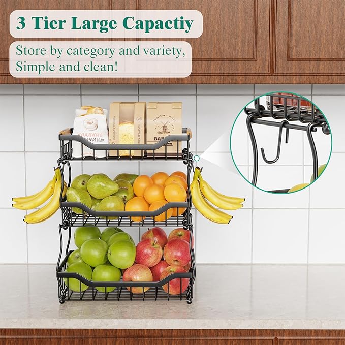 Giwil 3 Tier Countertop Fruit Basket for Kitchen, Vegetable Storage Bread Fruit Bowl Stand with 2 Banana Hooks, Wall Mounted Metal Wire Basket Organizer for Potato Onion, Black-HomvellaHome