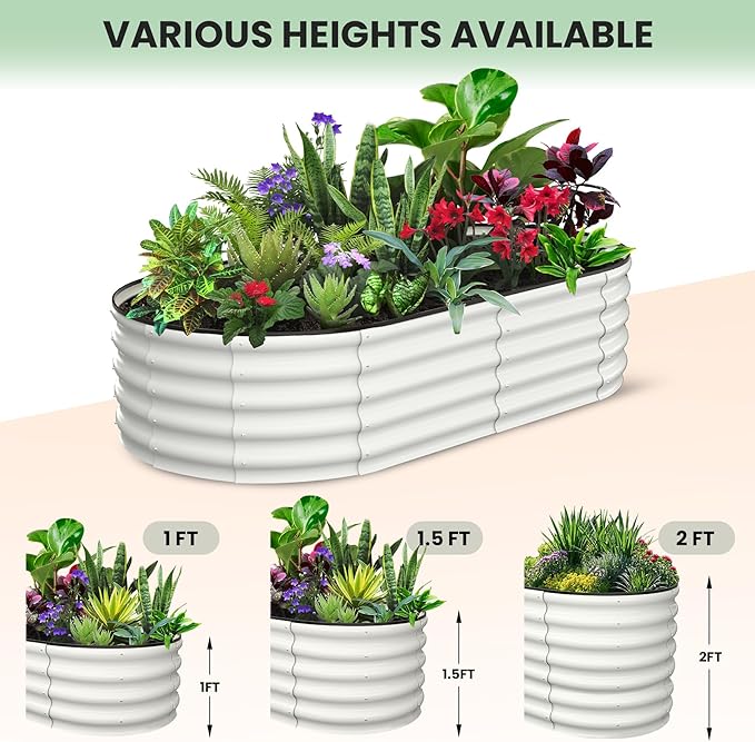 2 Pcs 6x3x1ft Oval Raised Garden Bed, Galvanized Raised Beds,Open-Ended Base Metal Raised Planter Beds,Garden Bed Outdoor,Planter Raised Boxes for Vegetables, Flowers,Tool-Free Asse,White-HomvellaHome