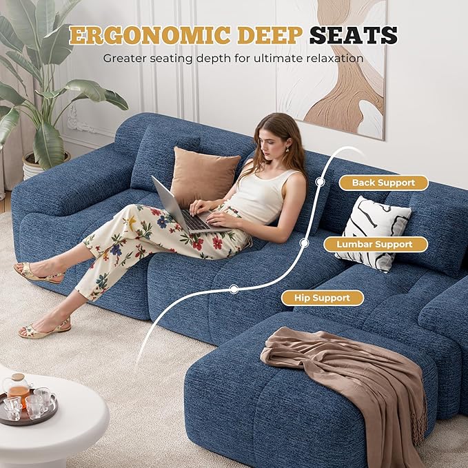 122" Modern L Shaped Modular Sectional Sofa, Boneless Couches for Living Room with Ottoman,4 Seater Convertible Chenille Cloud Couch Sofa Set, No Assembly Required, Blue 1 PCS-HomvellaHome