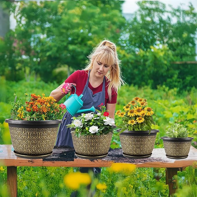 10 Inch Plant Pots, 4 Pack Flower Pots Outdoor with Drainage Holes & Trays, Retro Antique Imitation Decorative Garden Plastic Pots for Plants Indoor Sets for Houseplants-HomvellaHome