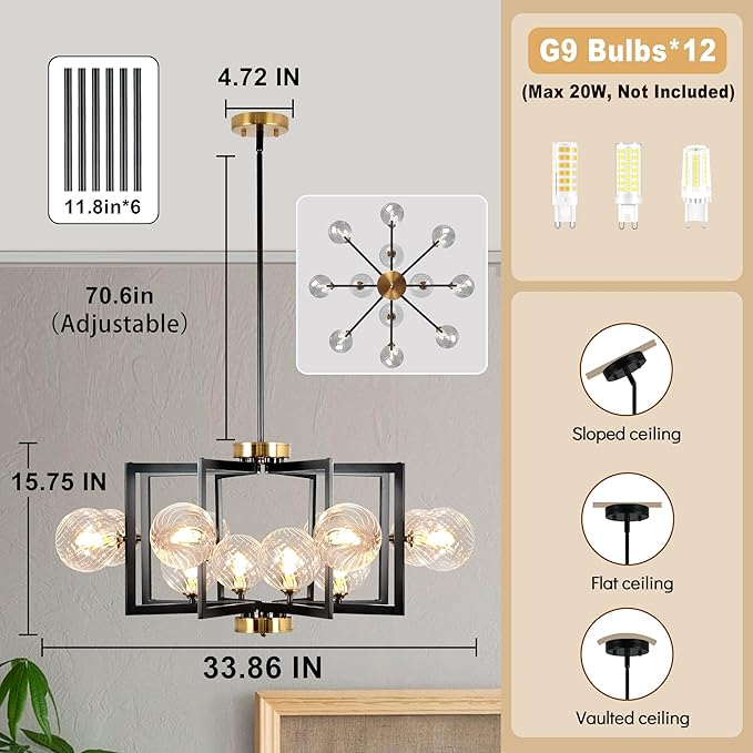 12 Light Black Farmhouse Chandelier Geometric Metal Dining Room Light Fixture Height Adjustable Black Chandeliers for Dining Room Clear Glass Farmhouse Industrial Pendant Lights for Bedroom, Entryway-HomvellaHome