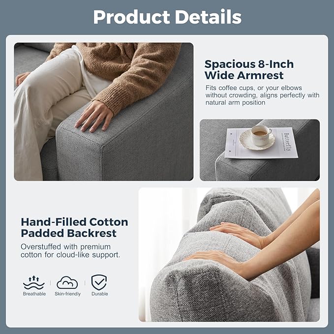 112" Convertible Sectional Sofa, Large L Shaped Couch with Detachable Sofa Cover, Modular Couch for Living Room, Breathable Linen Fabric Corner Sofa for Apartment, Grey-HomvellaHome