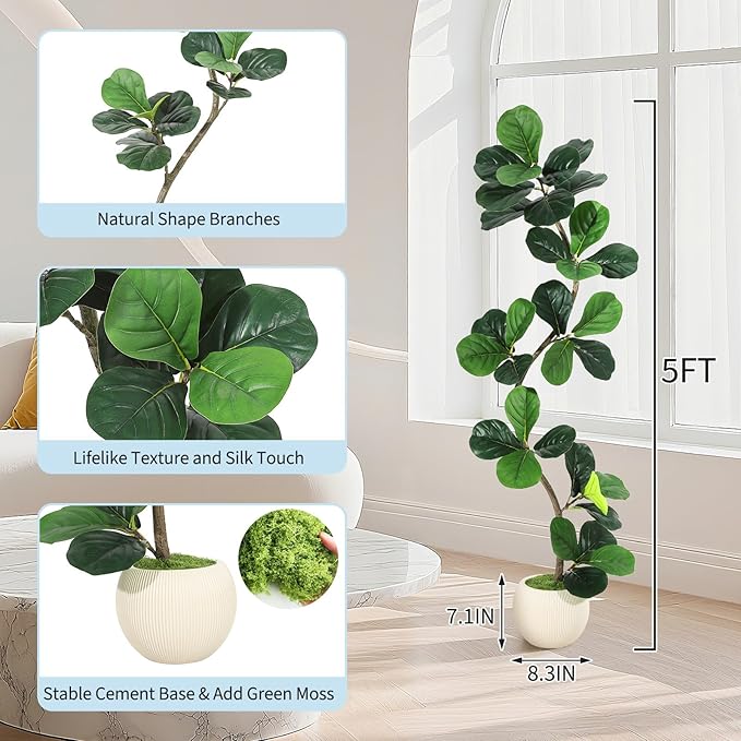GarveeHome Fiddle Leaf Fig Artificial Tree with White Planter,5ft Faux Plants Indoor with Moss, Fake Rubber Tall Fake Floor Plant in Pot - Artificial Trees for Home Office Living Room Decor-HomvellaHome