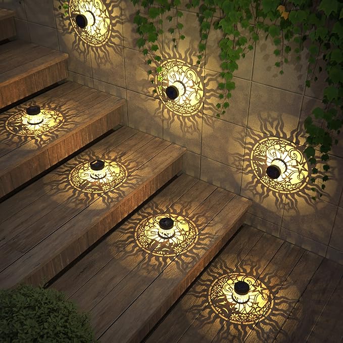 2 Pack Solar Fence Lights Metal Solar Powered Outdoor Wall Deck Lights Sun Moon Theme Waterproof Fence Light for Garden Post Patio Backyard Yard Decor (Face, 2 Pack)-HomvellaHome