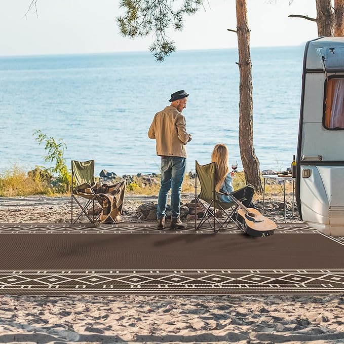 GENIMO Outdoor Rug Waterproof for Patio, 10'x14' Foldable Reversible Plastic Straw Carpet for Travel Trailers, Outside Area Mat for Rv, Deck, Picnic, Porch, Camper, Balcony, Beach, Coffee & Beige-HomvellaHome