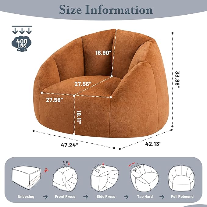 Giant Bean Bag Chair for Adults - Comfy Plush Round Shell Soft Reading Chair, Oversized Cozy Lounge Floor Sofa Accent Chair, Mini Couch for Living Room, Bedroom & Game Rooms, Orange-HomvellaHome