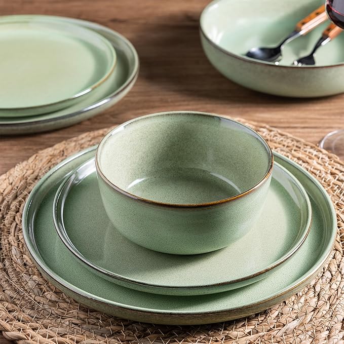 GBHOME Ceramic Dinnerware Sets for 6, 18 Pieces Stoneware Plates and Bowls Sets, Scratch Resistant Dishes, Dishwasher & Microwave Safe-Pastel Green-HomvellaHome