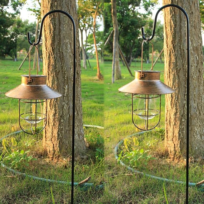 2 Pack Solar Lanterns, Outdoor Hanging Lights Metal with Shepherd Hook Warm White Edison Bulb Design for Garden and Birthday Gifts for Mom Grandma Wife ( Copper)-HomvellaHome