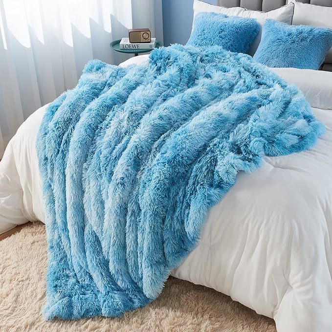 GONAAP Fuzzy Faux Fur Throw Blanket Queen Size Tie-dye Ocean Blue Super Soft Cozy Plush Fuzzy Shaggy Blanket for Couch Sofa Bed (Tie-dye Ocean Blue, Queen(90"x90"))-HomvellaHome