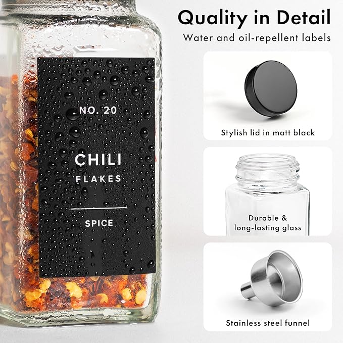 Glass Spice Jars with Label and Stainless Steel Lids (24 x 4oz) Spice Containers with 240 Labels, Shaker Inserts, Steel Funnel, Empty Square Empty Square Seasoning Organizer (Black)-HomvellaHome