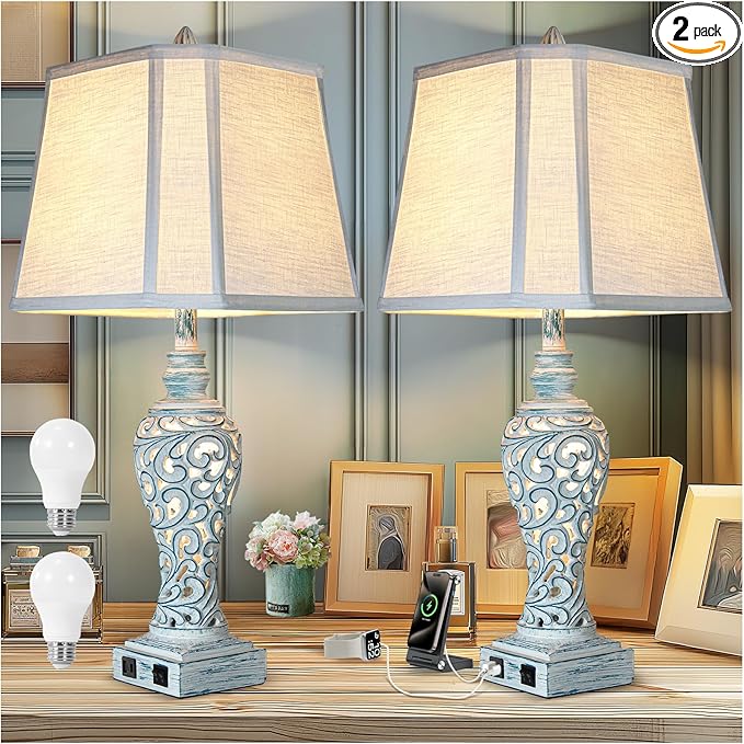 Table Lamp Bedside Lamps Set of 2, 28.5'' Luxsight Farmhouse Table Lamps for Bedroom, Lamps for Nightstands with Night Lights, with USB C+A Ports, Rustic Lamp for Living Room, Bulb Included-HomvellaHome