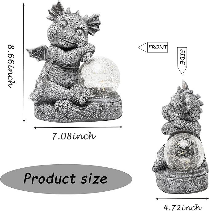Garden Dragon Figurine Solar Powered Outdoor Cute Dragon with Hold Glowing Glass Ball Resin Sculpture for Porch Patio Lawn Farm Yard Home Decoration Gift for Women Housewarming-HomvellaHome