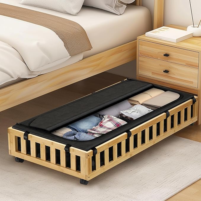 2 Pack Bamboo Under Bed Storage with Wheels, 39”x20”x7.8” Lager Under Bed Storage Containers (Natural)-HomvellaHome