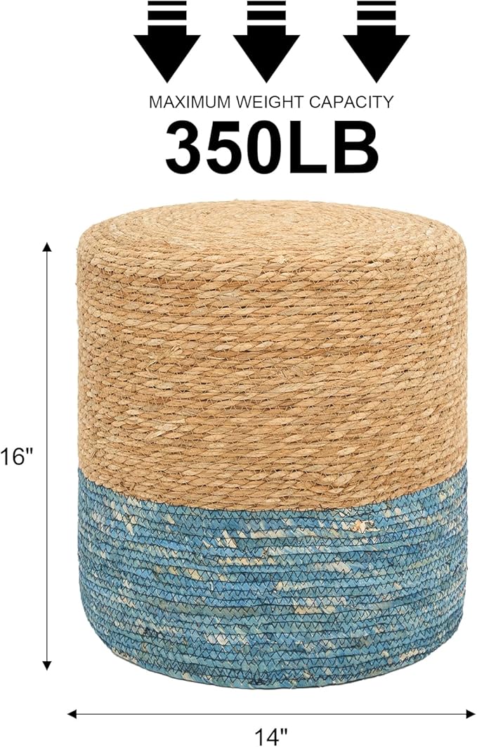 16'' Round Ottoman Natural Seagrass Braided Poof Hand Weaving Round Ottomans Boho Footrest Stool for Home Living Room Bedroom Patio(Natural&Blue)-HomvellaHome