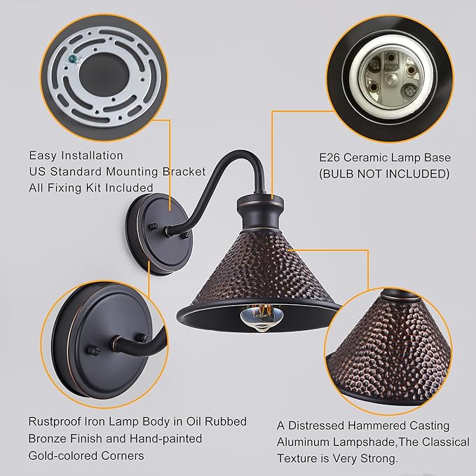 Gooseneck Outdoor Wall Sconce 1-Light E26 Socket Farmhouse Wall Mount Porch & Patio Lights,9.3Inch Width Casting Aluminum Shade,Oil Rubbed Bronze,Easily Installed in Outdoor and Indoor.-HomvellaHome