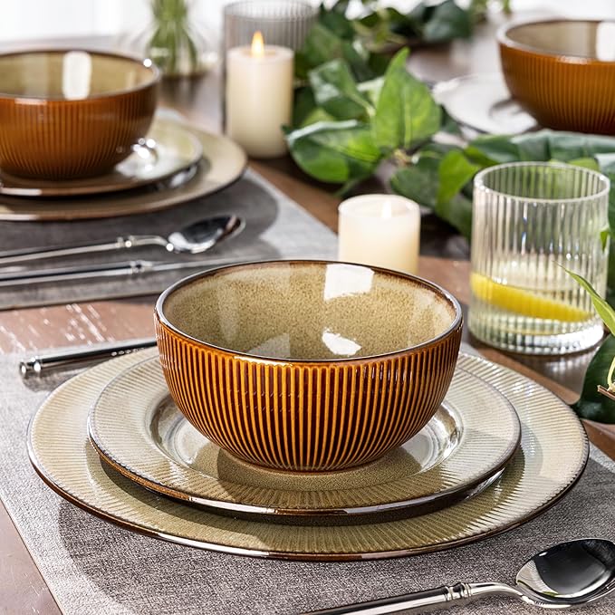 GBHOME Ceramic Dinnerware Sets,12 pcs Embossed Elegant Stoneware Plates and Bowls Sets, Housewarming Wedding Gift | Dishwasher & Microwave Safe | Dishes Set Service for 4-HomvellaHome