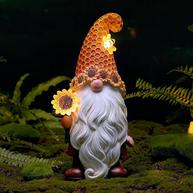 Garden Gnomes Outdoor - Sunflower Gnome Statue with Solar LED Lights for Yard, Patio, Lawn Ornaments - Best Garden Gifts for Mothers Day, Housewarming, Festival-HomvellaHome