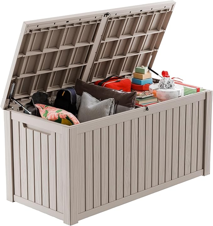 180 Gallon Deck Box Large Outdoor Storage for Patio Furniture,Outdoor Cushions,Garden Tools and Pool Supplies,Waterproof,Resin,Lockable(Grey)-HomvellaHome