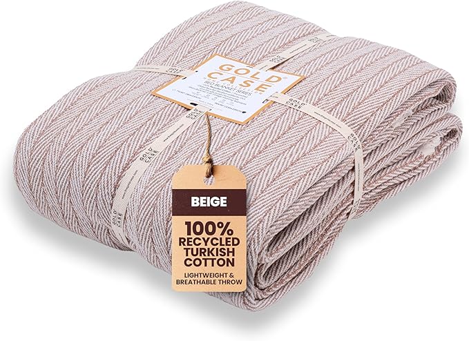 Gold Case Throw Blanket for Bed – 100% Recycled Turkish Cotton Bed Blanket – Decorative Throw Cotton Blankets for Living Room & Bedroom – Woven Twin Blankets – Vintage Beige – 71x90-HomvellaHome