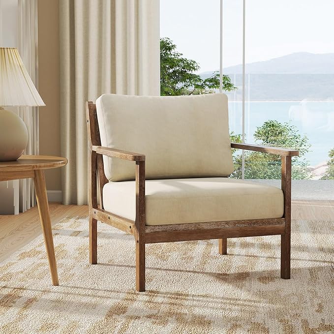 Giantex Mid Century Modern Accent Chair Set of 2, Wooden Arm Chair w/Solid Wood Frame, Removable Seat Cushion & Pillow, Vintage Comfy Reading Chair for Living Room, Bedroom, Study-HomvellaHome