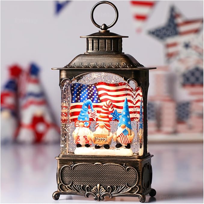 Gnome Snow Globe Lantern 4th of July Decorations with Timer, USB and Battery Powered 4th of July Shirts Patriotic Gnomes and American Flag Independence Day 10.2 inch-HomvellaHome