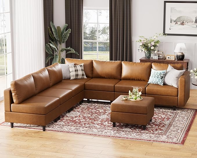 118.5" Faux Leather Modular Sectional Convertible Sofa, L Shaped Couch Set for Living Room, Large 8-Seater Comfy Cloud Couches with Movable Storage Ottoman DIY Combination - Brown-HomvellaHome
