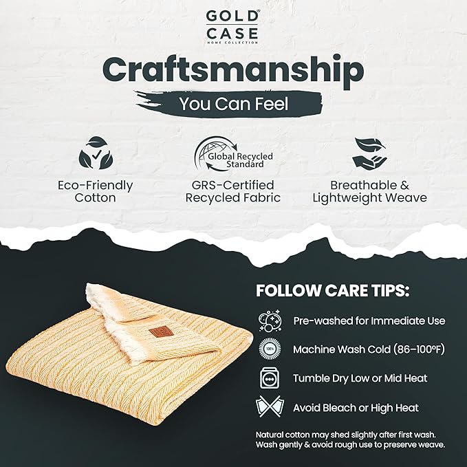 Gold Case Throw Blanket for Couch – 100% Recycled Turkish Cotton Blankets & Throws – Elegant Decorative Throw Blankets for Living Room Sofa – Woven Throws for Couch – Vintage Mustard – 50x60-HomvellaHome