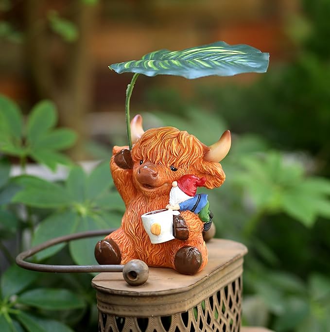 Garden Gnome with Highland Cattle 6.5“ Figurine Ornament for Indoor Outdoor Home Patio Yard Lawn, Red Hat, Blue Outfit, Indoor Outdoor Decorative Statue-HomvellaHome