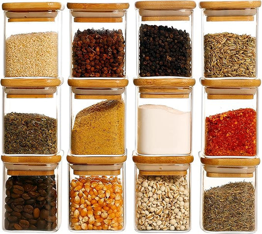 12 Pcs Square Glass Spice Jars with Natural Bamboo Lids - 9oz Airtight Herb Containers with 148 Waterproof Minimalist Spice Labels Preprinted - Empty Small Seasoning Jars for Kitchen Pantry-HomvellaHome