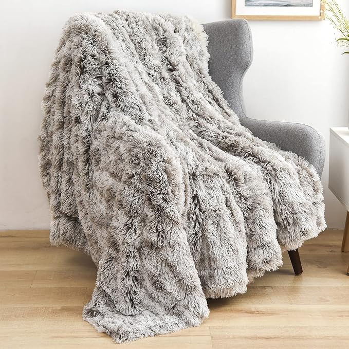 GONAAP Fuzzy Faux Fur Throw Blanket Twin Size Frosty Grey Super Soft Cozy Plush Fuzzy Shaggy Blanket for Couch Sofa Bed (Frosty Grey, Twin(60"x80"))-HomvellaHome