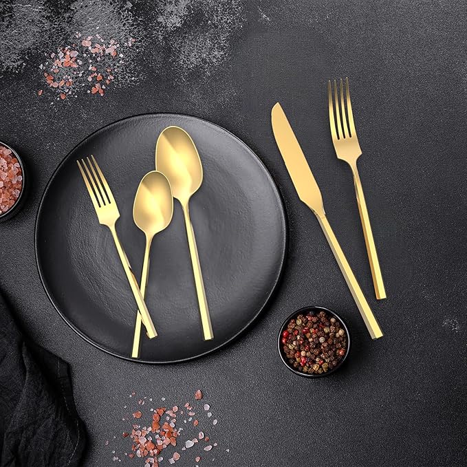Gold 20 Piece Stainless Steel Silverware Set, Handle Flatware, Modern Mirror Finish Cutlery Set, Service for 4, Dishwasher Safe-HomvellaHome