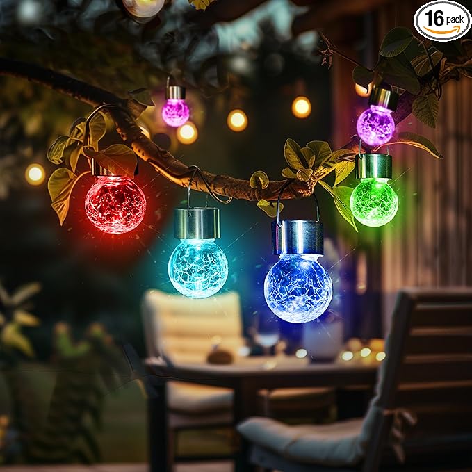 GIGALUMI 16 Pack Solar Hanging Lights for Christmas Decoration - Cracked Glass Solar Lights Outdoor Waterproof for Garden, Yard, Fence, Tree (Color Changing)-HomvellaHome