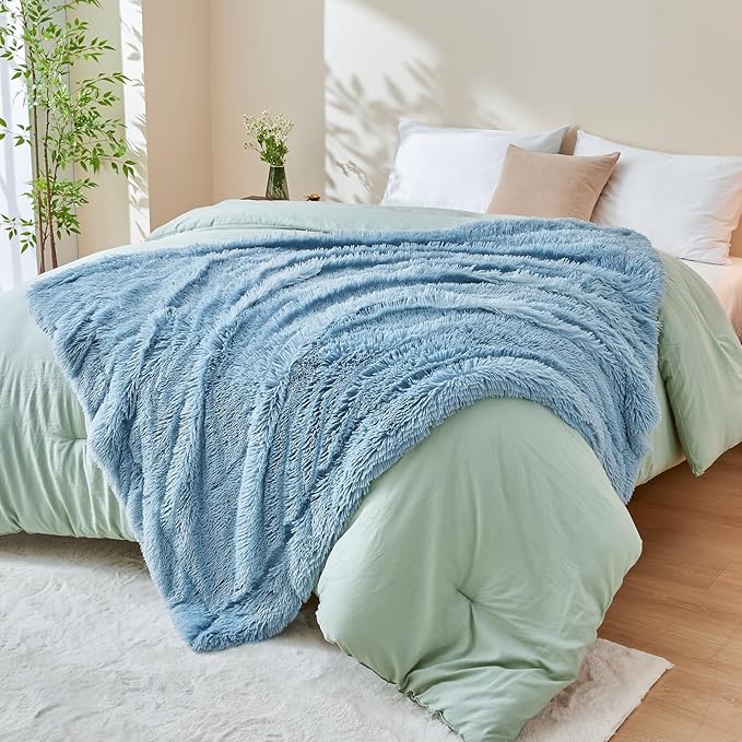 GONAAP Fuzzy Faux Fur Throw Blanket Twin Size Light Blue Super Soft Cozy Plush Fuzzy Shaggy Blanket for Couch Sofa Bed (Light Blue, Twin(60"x80"))-HomvellaHome