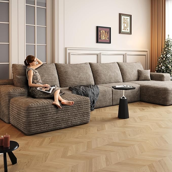 136" Sectional Couches for Living Room Modern Modular Sofa with L-Shape Couchs Upholstered Boneless Couch Deep Seat Sectional Couch with Chaise (Camel, Right Facing Chaise+3Seaters+Ottoman)-HomvellaHome