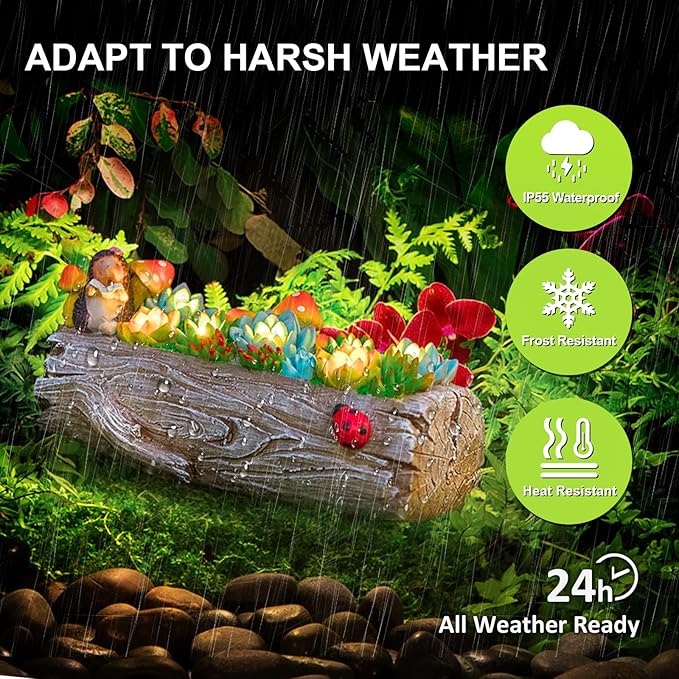 Garden Solar Figurine Light - Stump Succulent Solar Light Outdoor, Solar Powered Lighting Outside Decorations Yard Art Lawn Ornaments for Porch Patio Balcony - Succulent Gifts for Women Mom-HomvellaHome
