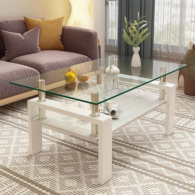 Glass Coffee Table Rectangle Living Room Center Table, with Transparent Tempered Glass Tabletop and White MDF Layer,for Living Room and Office, Transparent +White-HomvellaHome