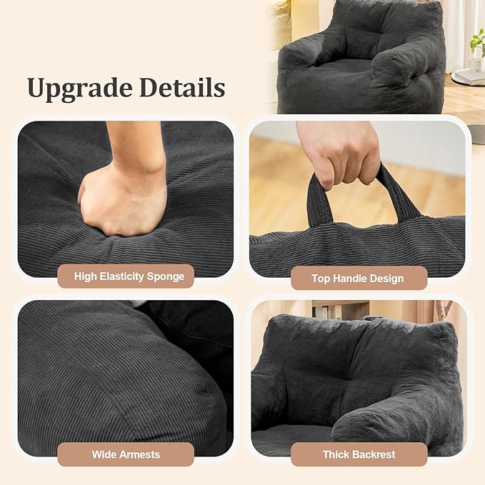 Giant Bean Bag Chair, Large Bean Bag Chair for Adults, Fluffy and Comfy Bean Bag Chair with Filler, Big Bean Bag Sofa Chair for Reading, Stuffed High-Density Foam, Grey-HomvellaHome