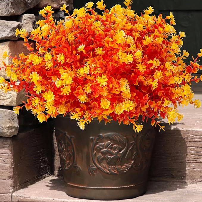 12 Bundles Artificial Fall Flowers No Fade Faux Autumn Plants, Fake Indoor Outdoor Greenery Decorations for Thanksgiving Christmas Wedding Party Home Garden Fireplace Décor (Fall Orange)-HomvellaHome