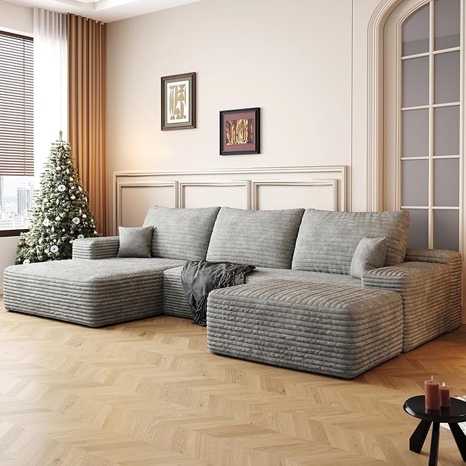 108" Sectional Couches for Living Room Modern Modular Sofa with L-Shape Couchs Upholstered Boneless Couch Deep Seat Sectional Couch with Chaise (Grey, Left Facing Chaise+2Seaters+1Ottoman)-HomvellaHome