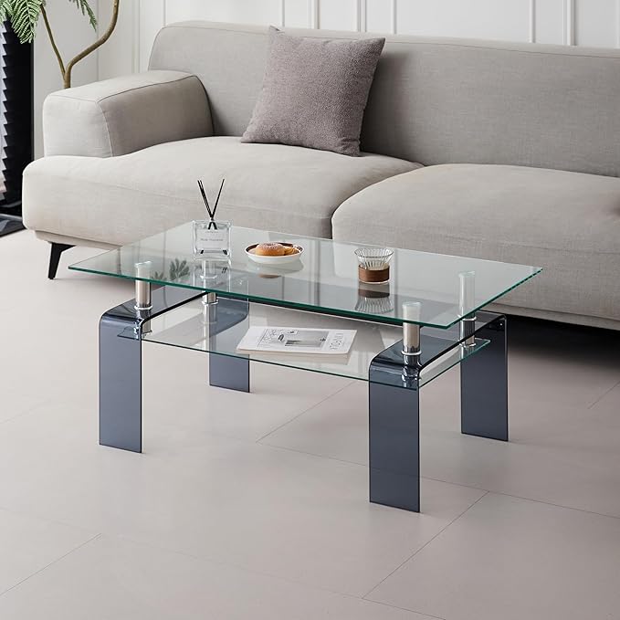 Glass Coffee Table Rectangle Living Room Center Table with Storage, Clear Tempered Glass Tabletop and Smoke Grey Leg,for Living Room and Office (Clear+Smoke)-HomvellaHome